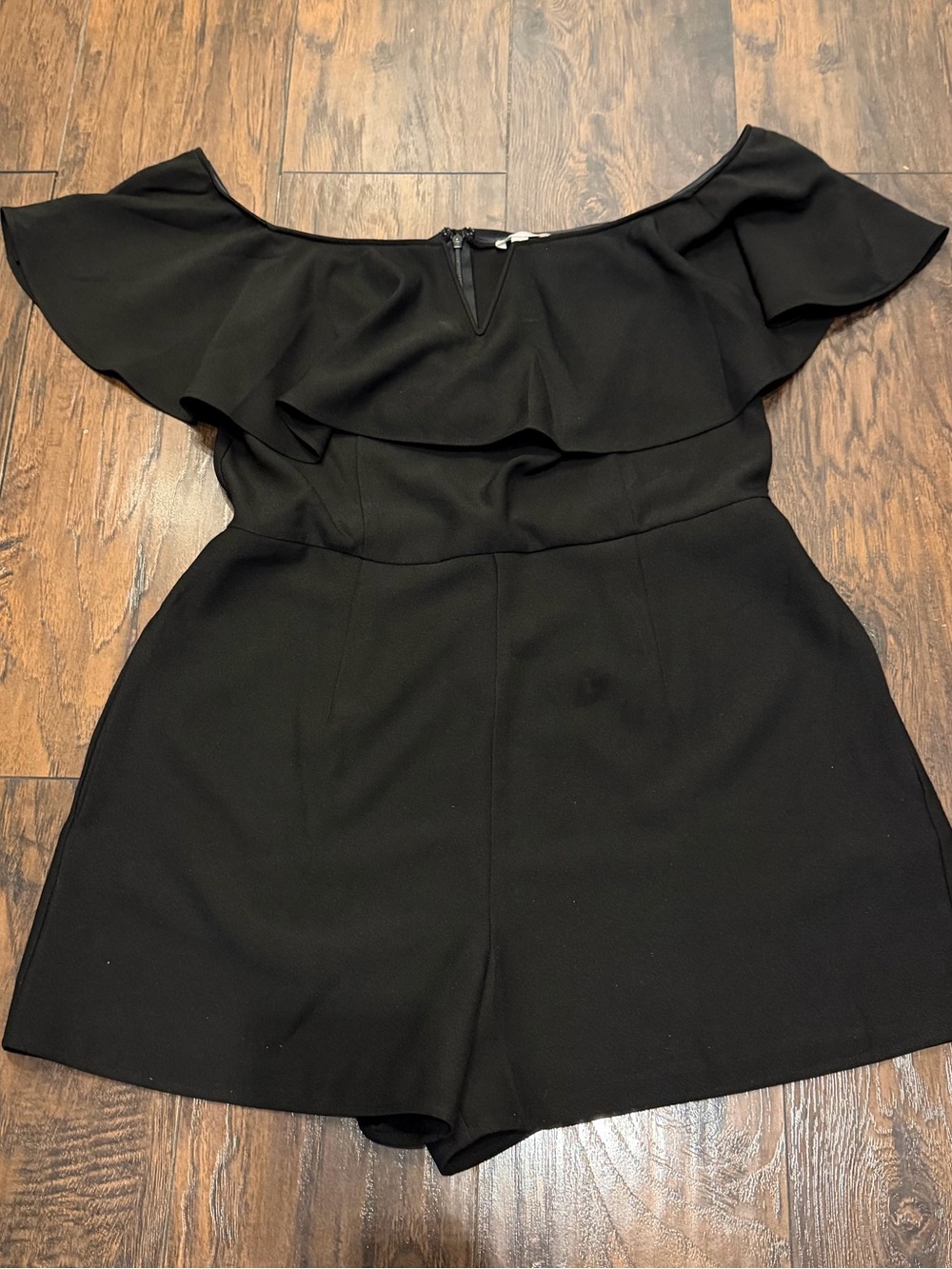 Leith Off-the-Shoulder Black Romper with Ruffle Neckline - XL